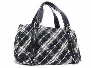 1円 ■美品■ BURBERRY バーバリーブルーレーベル コットン×レザー チェック柄 ハンドバッグ トート ショルダー ブラック系 AW0407