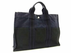 1円 HERMES エルメス フールトゥMM キャンバス シルバー金具 トートバッグ ハンドバッグ ネイビー系 AW0457