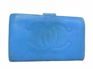 1円 CHANEL シャネル ココマーク キャビアスキン 二つ折り がま口 長財布 ウォレット 小銭入れ レディース ブルー系 AV4312