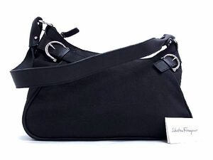 1円 ■美品■ Salvatore Ferragamo フェラガモ AU‐21 4436 ガンチーニ キャンバス×レザー ショルダーバッグ 肩掛け ブラック系 CC1126