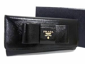 1円 PRADA プラダ サフィアーノレザー リボン 二つ折り 長財布 ウォレット 札入れ 小銭入れ レディース ブラック系 AU3946