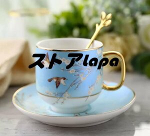 特売 梅と小鳥　カップとソーサー　4客セット　スプーン付き　ins tiktok 紅茶　コーヒー 茶器 　ラミックス　洋食器 ブルー