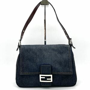 1円 美品 FENDI フェンディ デニム マンマバケット セミショルダー 肩掛け ハンドバッグ ネイビー FFロゴ SV金具