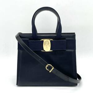 1円 良品 Salvatore Ferragamo フェラガモ ヴァラリボン カーフレザー 2way ハンドバッグ ショルダー ネイビー ゴールド金具