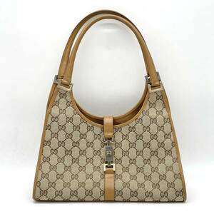 1円 美品 GUCCI グッチ GGキャンバス レザー ブラウン ベージュ ジャッキー ハンドバッグ セミショルダー 肩掛け 001 1067