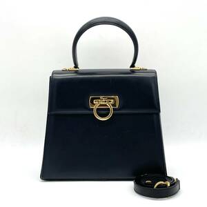 1円 良品 Salvatore Ferragamo フェラガモ ガンチーニ カーフレザー 2way ケリー型 ハンドバッグ ショルダー ブラック ゴールド金具