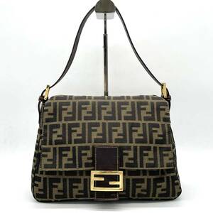 1円 美品 FENDI フェンディ ズッカ柄 ズッカ マンマバケット セミショルダ－ 肩掛け ハンドバッグ カーキ FFロゴ ゴールド金具