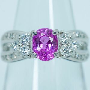 ★1円スタ!綺麗な深ピンク！良デザイン鑑定付【1.38ct&D0.34ct】PT900 6.0g ♯11 プラチナ 大粒天然ピンクサファイア ダイヤ PinkSapphire 