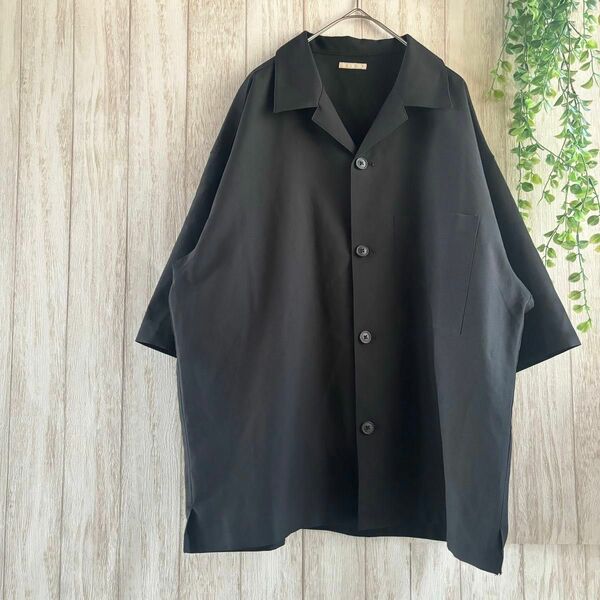 GU【M】ドライリラックスフィットオープンカラーシャツ 5分袖 ブラック