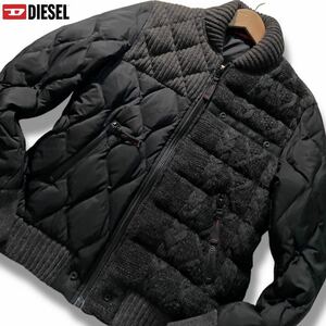 美品/M-L相当●DIESEL ディーゼル ニット切替 ダウンジャケット K-BOOMS ケーブル編み クレイジー 中綿グースダウン キルティング 胸ロゴ