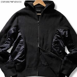 美品/L相当●エンポリオ アルマーニ ニット ナイロン切替 ダブルジップ パーカー EMPORIO ARMANI フード ジャケット ストレッチ M表記