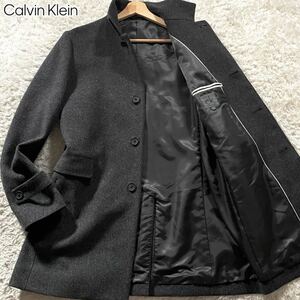 未使用級/Lサイズカルバンクライン【カシミヤ混】スタンドカラーコート マオカラー ステンカラー Calvin Klein ウール 羊毛 比翼 グレー