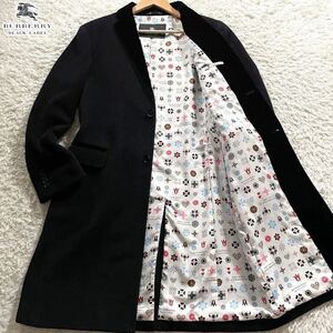 極美品/Lサイズ●激レア バーバリーブラックレーベル ベロア切替 アンゴラ チェスターコート BURBERRY BLACK LABEL 裏地モノグラム柄