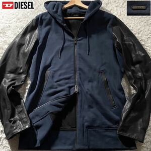 美品/XL相当●DIESEL ディーゼル ラムレザー切替 パーカー フード ダブルジップ ジャケット ブルゾン 袖 羊革 ロゴ金具プレート ネイビー