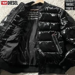 極美品/XL相当●DIESEL ダウンジャケット ブルゾン ボンバージャケット MA-1 中綿 ジップロゴ 背面ビッグロゴ 光沢コーティング 黒 極暖