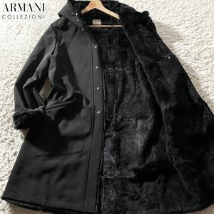 未使用級/M-L●最高級毛皮 アルマーニ コレツィオーニ ラビットファー ナイロン フードコート ARMANI COLLEZIONI LUXURY 裏地総起毛 黒 46