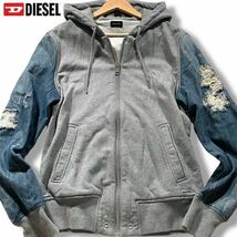 極美品/Lサイズ●DIESEL ディーゼル デニム切替 パーカー Gジージャン ジャケット ジップアップ フード インディゴ ダメージ加工 ロゴ金具_画像1