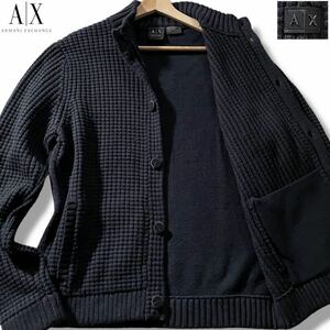 美品/Lサイズ●アルマーニ エクスチェンジ ニット ジャケット カーディガン ARMANI EXCHANGE ストレッチ 3D ワッフル 凸凹風 AXロゴ金具 紺