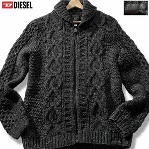 美品/Lサイズ●DIESEL ディーゼル ニット ジップジャケット カーディガン ブルゾン ウール ローゲージ ケーブル編み 霜降り レザーパッチ