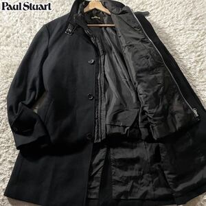 極美品/XLサイズ●ポールスチュアート ダウンライナー付き ウールコート Paul Stuart 羊革切替ダウンベスト ヘリンボーン柄 ベルト 50