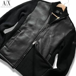 極美品/L相当●アルマーニ エクスチェンジ ニット切替 ボアジップジャケット ブルゾン ARMANI EXCHANGEフェイクレザームートン ワッフル風