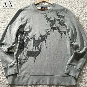 美品/L-XL相当●アルマーニ エクスチェンジ トレーナー スウェット 長袖 プルオーバー ARMANI EXCHANGE ストレッチ 鹿 トナカイ 袖先ロゴ