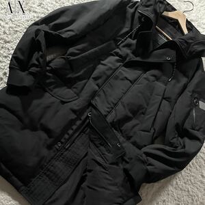 未使用級/XL-3L相当●アルマーニ エクスチェンジ ダウンコート ジャケット アウター ロング丈 ARMANI EXCHANGE フード MA-1風 肩AXロゴ 黒