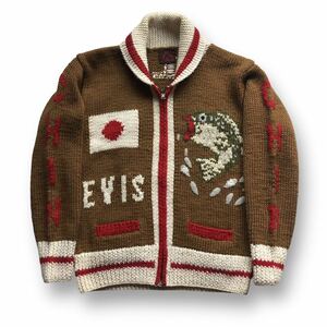 EVISU エヴィス 90s フィッシュ柄 ブラックバス ルアー柄　道楽 大阪 カウチンニット　カウチンセーター ブラウン　Lくらい