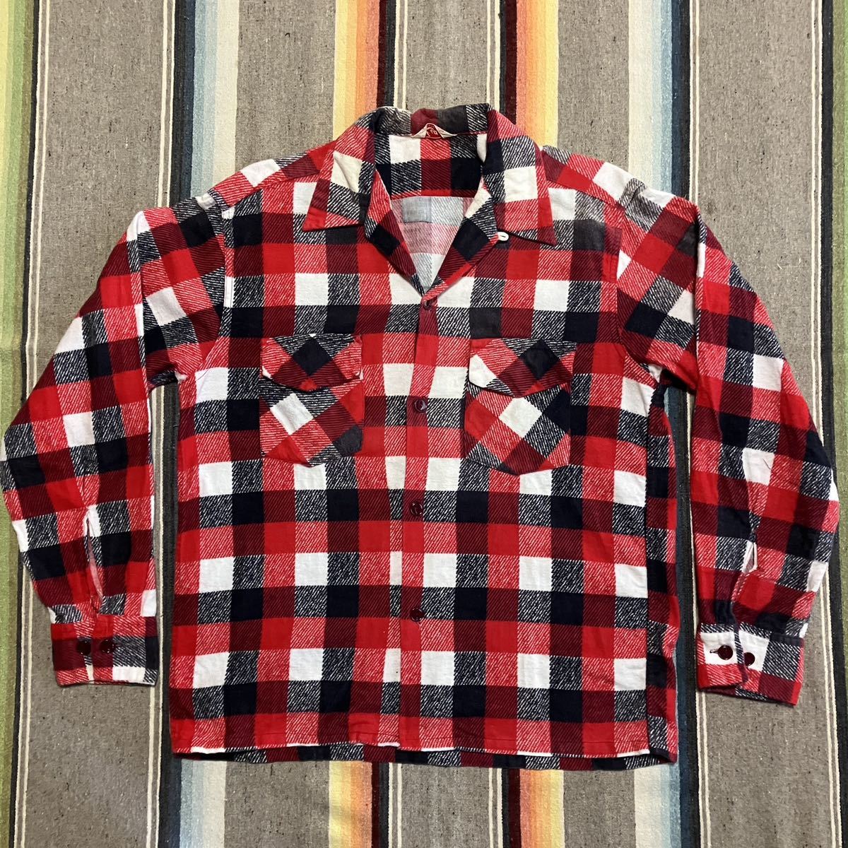 50s PILGRIM オープンカラー プリントネルシャツ 赤黒白 好配色-