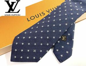 良品 LOUIS VUITTON ルイヴィトン ネクタイ スター刺繍 総柄 シルク リネン クラヴァット ネイビー イタリア製 正規品