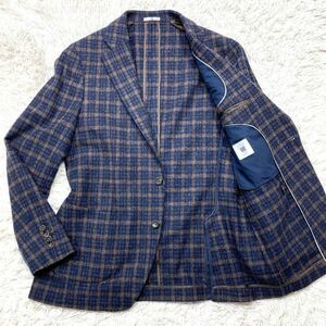 未使用級 スーツセレクト SUITSELECT テーラードジャケット ブレザー ウール チェック 紺×茶 Lサイズ相当 日本製生地使用 カジュアル