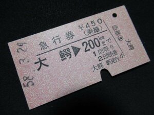 ■国鉄 急行券(乗継) 大鰐→200km 450円 S58.3.29