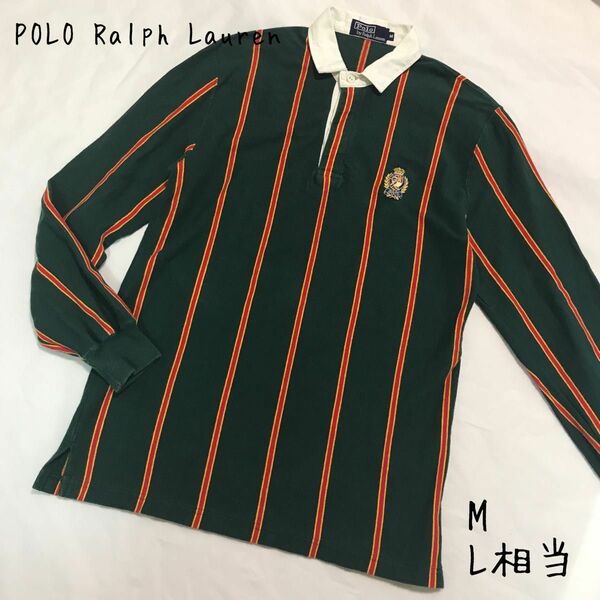 90'sPOLO Ralph Lauren ポロラルフローレン マルチストライプ柄 ラガーシャツ ポロシャツ 深緑 M L相当