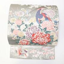 袋帯 唐織 鳥に美しい花模様 牡丹 菊 桜 菖蒲 萩 桔梗 金銀糸 O-1371_画像1