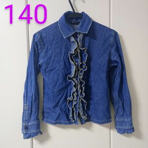 140◆女の子◆フリルデニムシャツ◆前開きボタン◆ブルー