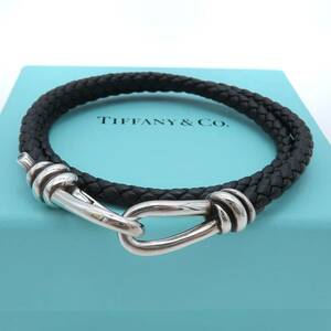 【送料無料】 極希少 美品 Tiffany&Co. ティファニー ブラック レザー ダブル シルバー ノット ブレスレット SV925 2連 レディース HD72