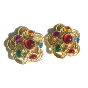 ★70s Vintage multicolor parts gold tone flower motif earrings