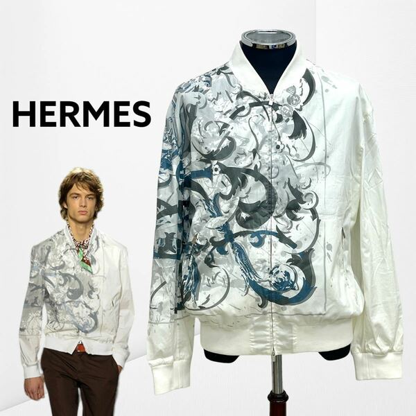 高級 HERMES エルメス 16SS ランウェイ着用 ウォータースネーク プリント コットン ダブルジップ ブルゾン MA-1 メンズ