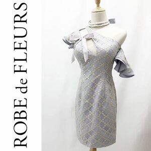 ROBE de FLEURS ローブドフルール ドレス ミニワンピース キャバドレス ラメ 刺繍 花柄 パール フリル パット ライトブルー 水色 S