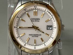 1円〜◇CITIZEN シチズン Eco-Drive ソーラー電波時計 H415-S033039 ゴールド系文字盤 メンズ腕時計 稼働品