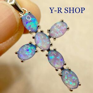  blue fire - opal. Cross design pendant top * lady's necklace silver 925 stamp color stone accessory new goods gem Y-R