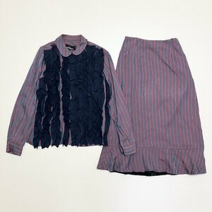 ●tricot COMME des GARCONS トリココムデギャルソン セット シャツ スカート AD2000 ストライプ フリル 光沢 ベロア レディースM 0.66kg●