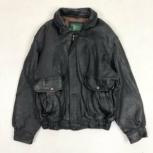 ▲【古着】Polo Club ポロクラブ ヴィンテージ 90s レザー ジャケット 革ジャン ジップアップ Lサイズ 黒 ブラック メンズ 1.80㎏