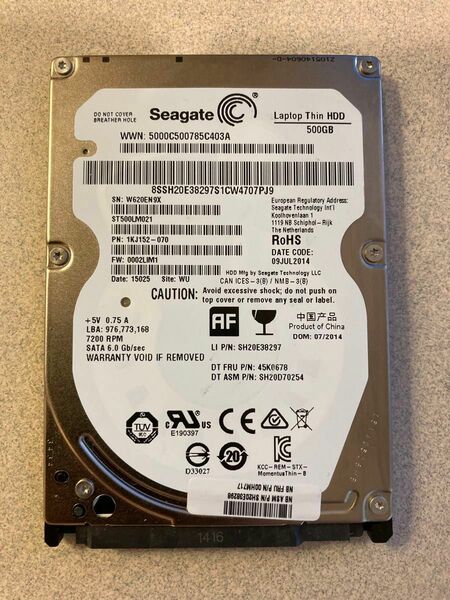 ⑦Seagate 500GB ST500LM021【7,200rpm】2.5インチHDD 厚さ7.0mm 5,010時間