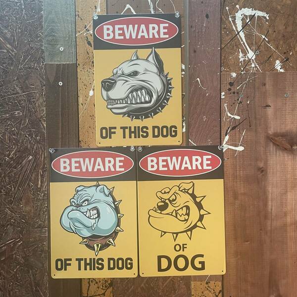 3枚 新品 壁掛けプレート 猛犬注意 犬に注意 警告版 防犯対策 危険 番犬 狂犬 泥棒 金属パネル 壁飾り ブリキ看板 メタル BEWARE OF DOG