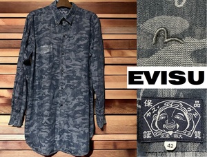 希少エヴィスEVISU★インディゴＸカモメ刺繍＆カモメカモ★長袖ボタンダウンシャツ★42