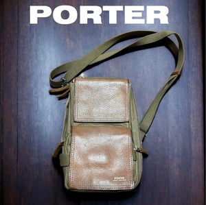 新品同然ポーターPORTER/Field★キャンバスｘ本皮レザー★斜め掛けショルダーバッグ★ベージュｘキャメル★23x13x6