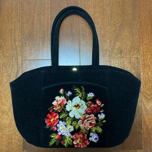 美品　FEILER フェイラー ハンドバッグ トートバッグ 黒 ブラック 花柄 薔薇 バラ シュニール織 ボタンマグネット レディース 鞄 かばん
