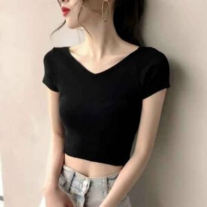 Tシャツ トップス 韓国ファッション レディース INS vネック 短め XL ブラック