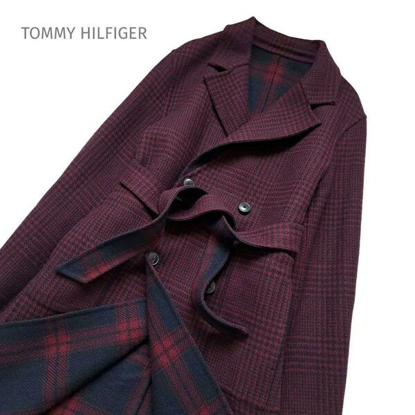 Tommy Hilfiger トミーヒルフィガー リバーシブル ロング ダブルブレストコート ウエストベルト チェック 千鳥格子 総柄 レディース S 赤